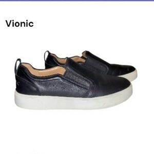 Vionic Leather Kimmie Black White Slip On Tennis Shoe Loafer Sneaker Women 7.5